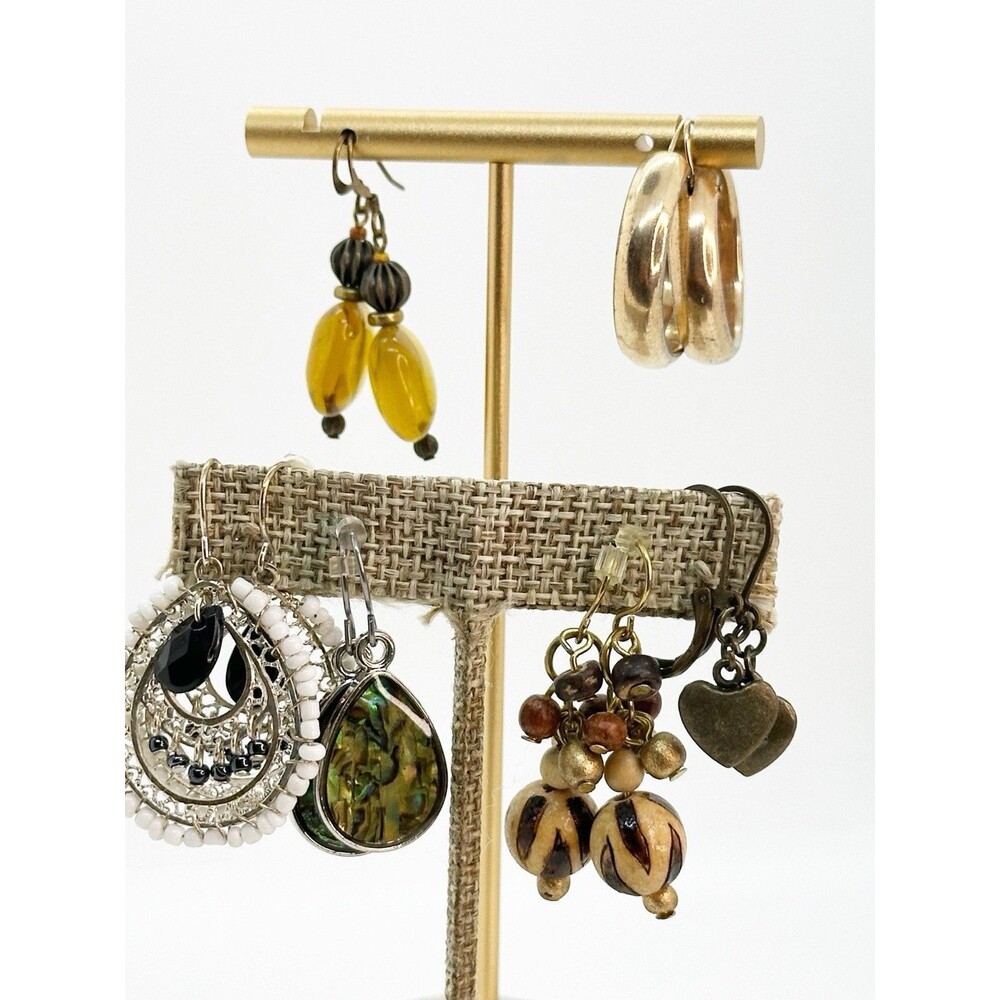 Southwest Boho Jewelry Lot 6 Pr Dangle Earrings Hoops Mother Of Pearl Wood Heart